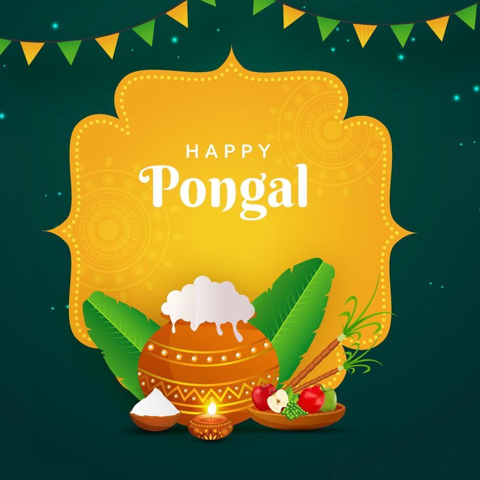Illustration Of Rice Mud Pot With Fruits, Banana Leaves, Sugarcane, Lit Oil Lamp On Yellow And Green Background For Happy Pongal. vector