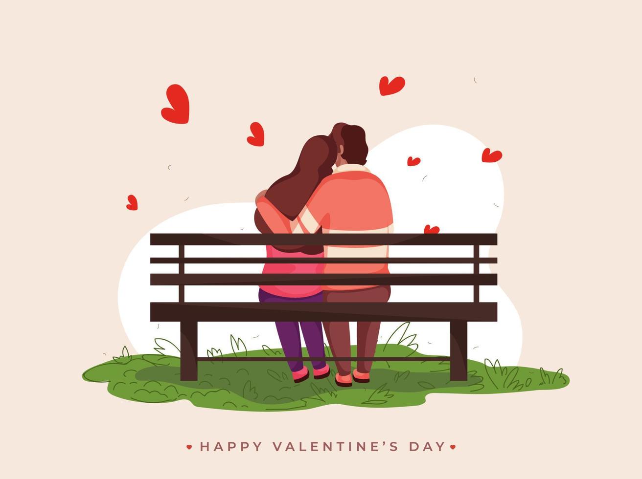 espalda ver de joven Pareja abrazando sentar en banco para contento San Valentín día celebracion. vector