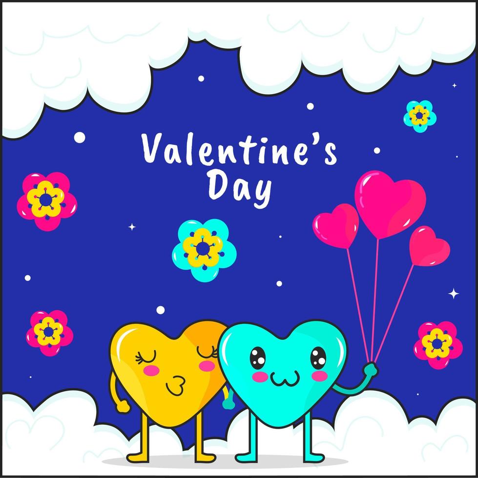 dibujos animados corazones Pareja con globos y flores decorado en nublado y azul antecedentes para contento San Valentín día celebracion. vector