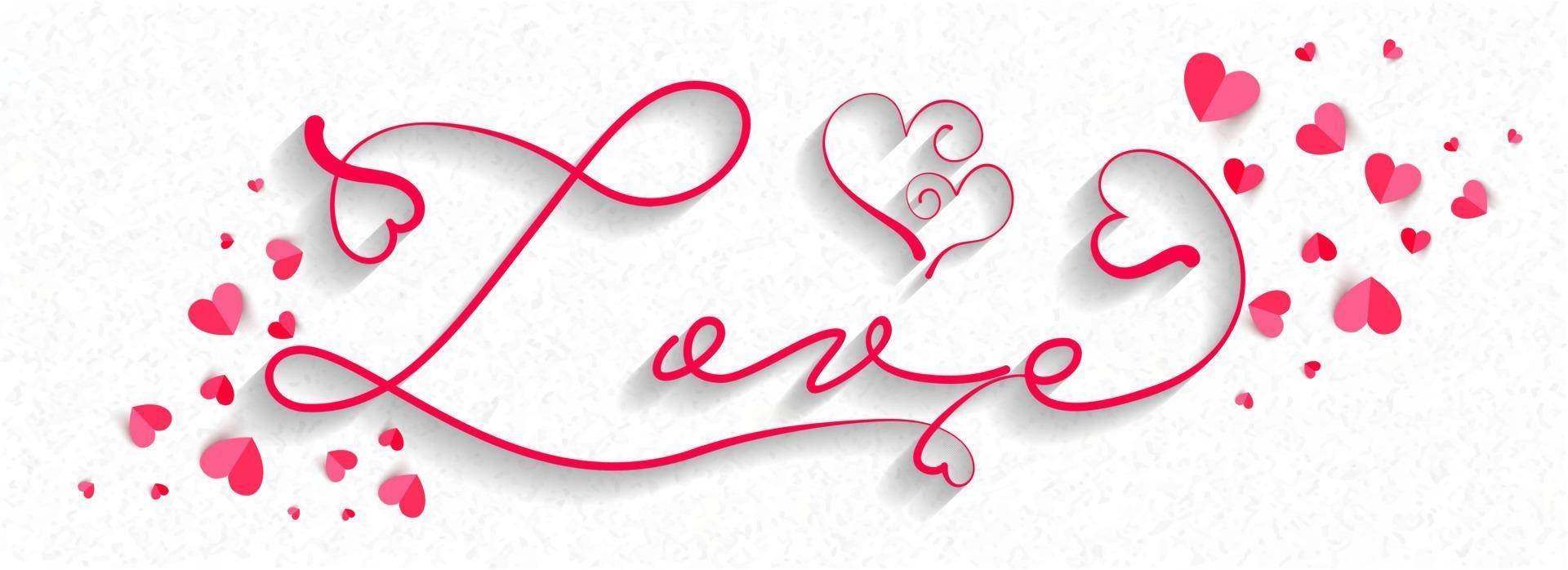 Red Love Font with Paper Hearts Decorated on White Concrete Texture Background. vector