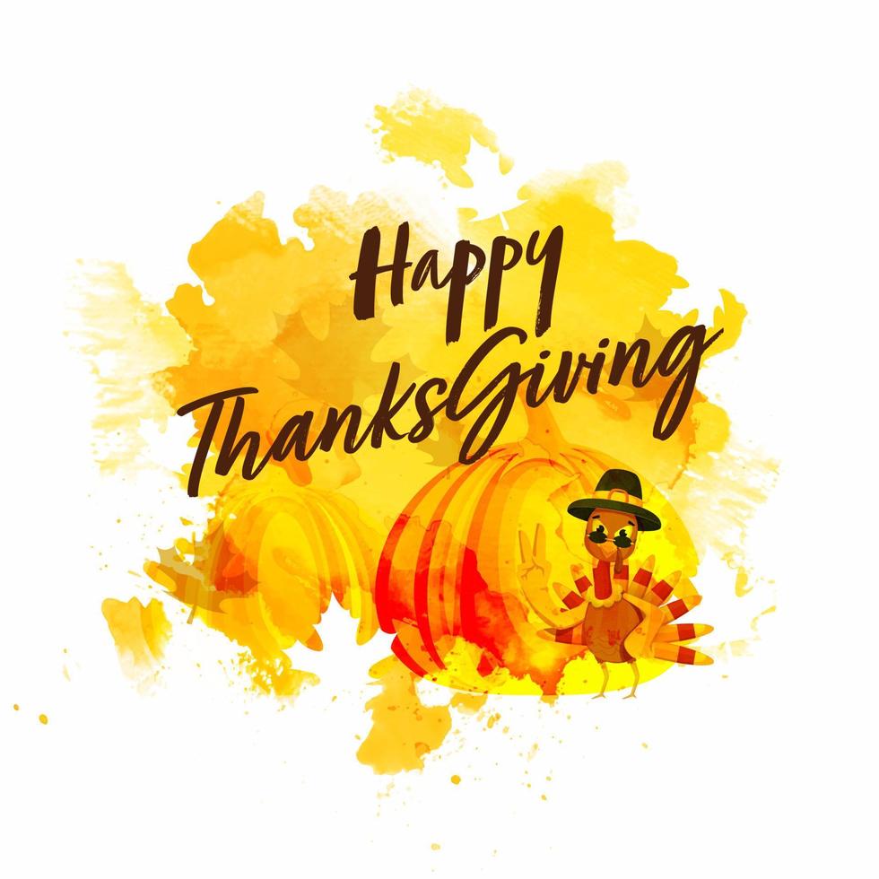 Happy Thanksgiving Font with Pumpkins, Turkey Bird and Yellow Watercolor Effect on White Background. vector