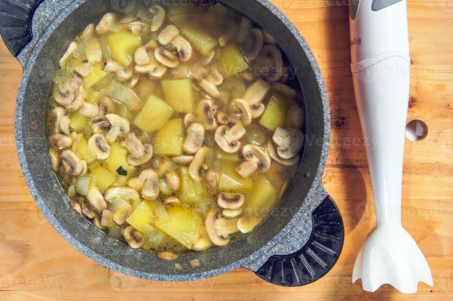 Raw ingredients. Ready to be cooked. Recipe for chiken stew, European cuisine, cooked with a garnish of mushrooms, small onions and ohter. photo