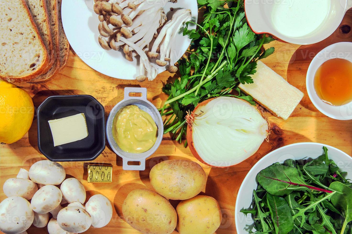 Raw ingredients. Ready to be cooked. Recipe for chiken stew, European cuisine, cooked with a garnish of mushrooms, small onions and ohter. photo