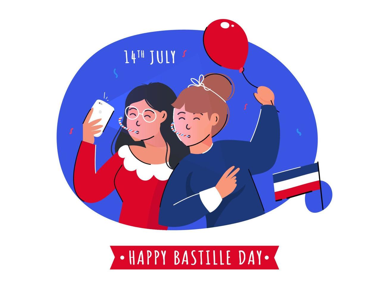 dibujos animados joven muchachas tomando selfie juntos con un globo y Francia bandera en resumen antecedentes para 14to julio, contento Bastille día. vector