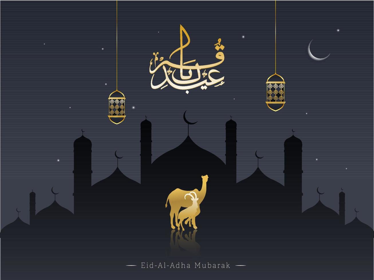 Golden Eid-Al-Adha Mubarak Calligraphy with Camel, Goat and Hanging Lanterns on Grey Mosque Night Background. vector