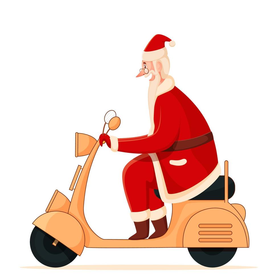 Side View of Cheerful Santa Claus Riding Scooter on White Background. vector