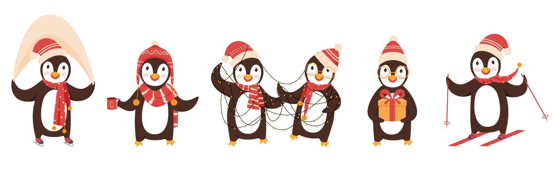 Cute Penguin Characters Wearing Woolen Hat and Scarf in Different Poses. vector