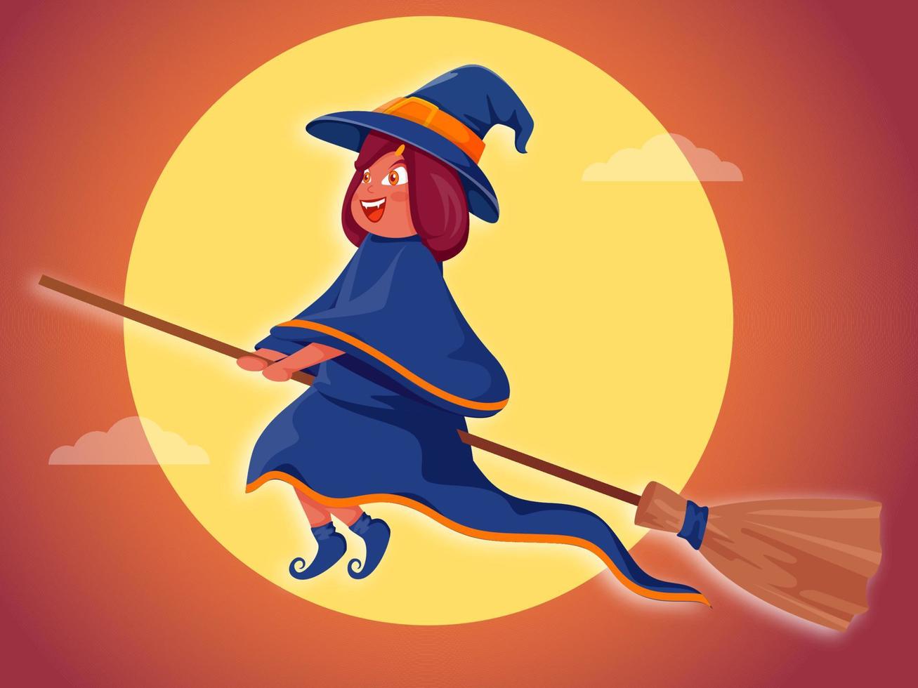 Cartoon Young Witch Flying with Her Broom on Full Moon Gradient Orange Background. vector
