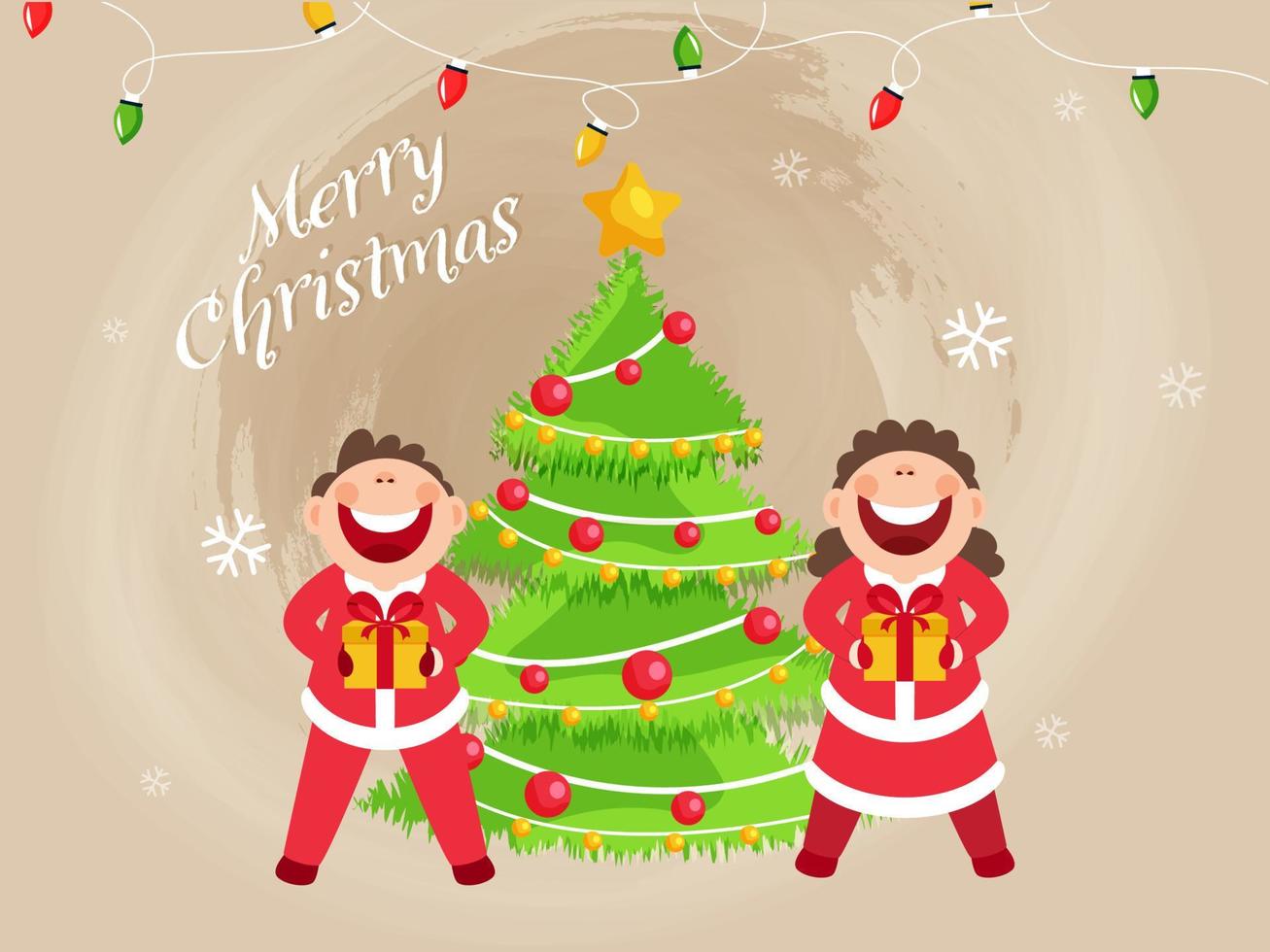 Decorative Xmas Tree with Cheerful Cartoon Kids Holding Gift Box on the Occasion of Merry Christmas. vector