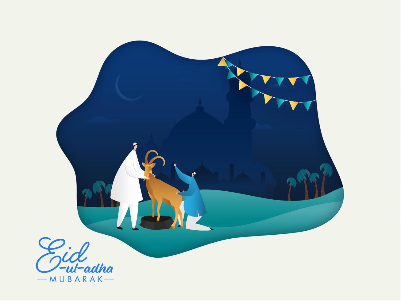 dibujos animados musulmán hombres participación un cabra con palma arboles en papel cortar noche escena mezquita antecedentes para eid-ul-adha mubarak. vector