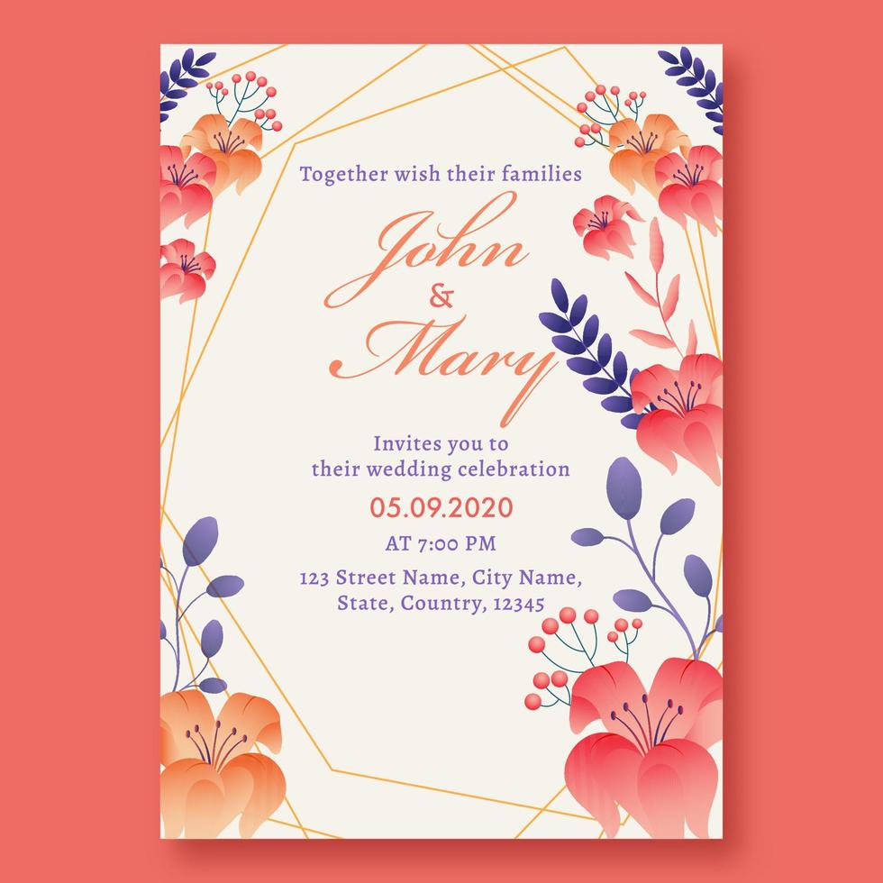 hermosa floral Boda invitación tarjeta diseño con lugar de eventos detalles. vector