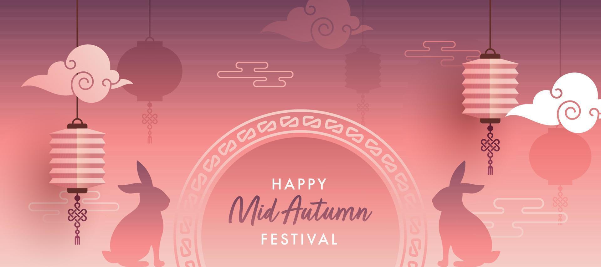 Happy Mid Autumn Festival Header or Banner Design with Silhouette Bunnies, Clouds and Hanging Chinese Lanterns on Gradient Light Red and Purple Background. vector