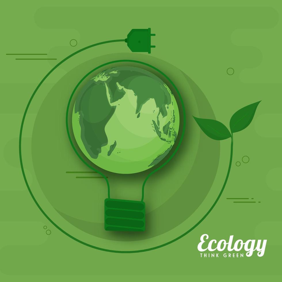 Light Bulb Shape Earth Globe with Eco Plug on Green Background for Ecology Think Green Concept. vector