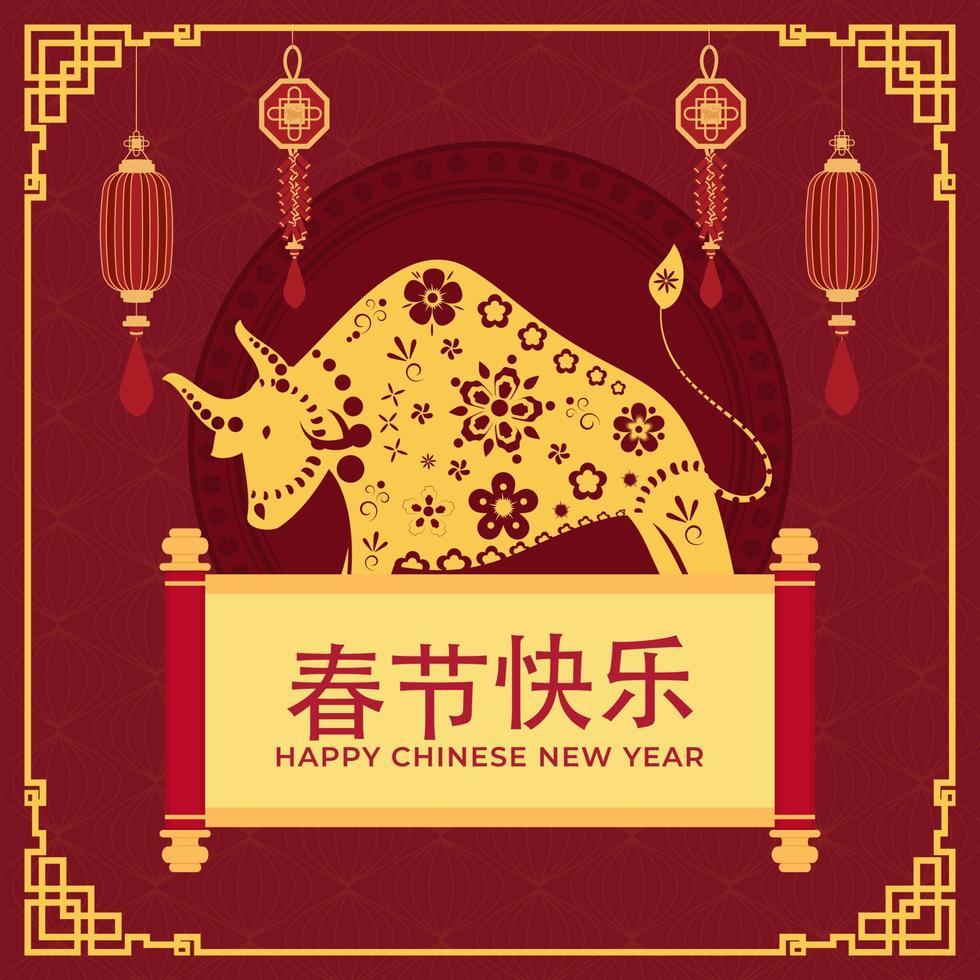 Chinese Language Happy New Year Text In Scroll Paper With Golden Zodiac Ox Sign And Ornament Hang On Red Lantern Pattern Background. vector