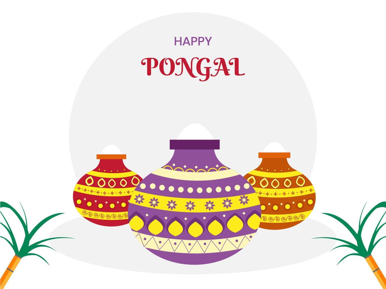 Happy Pongal Celebration Concept With Mud Pots Full Of Grain And Sugarcane On White Background. vector