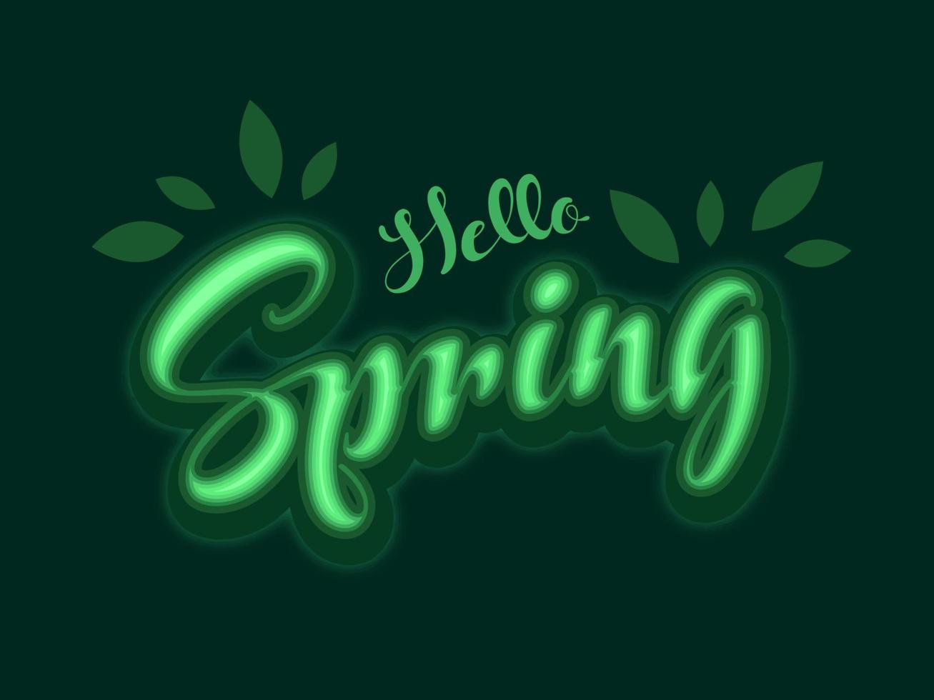 Hello Spring Font with Neon Effect and Leaves on Green Background. vector