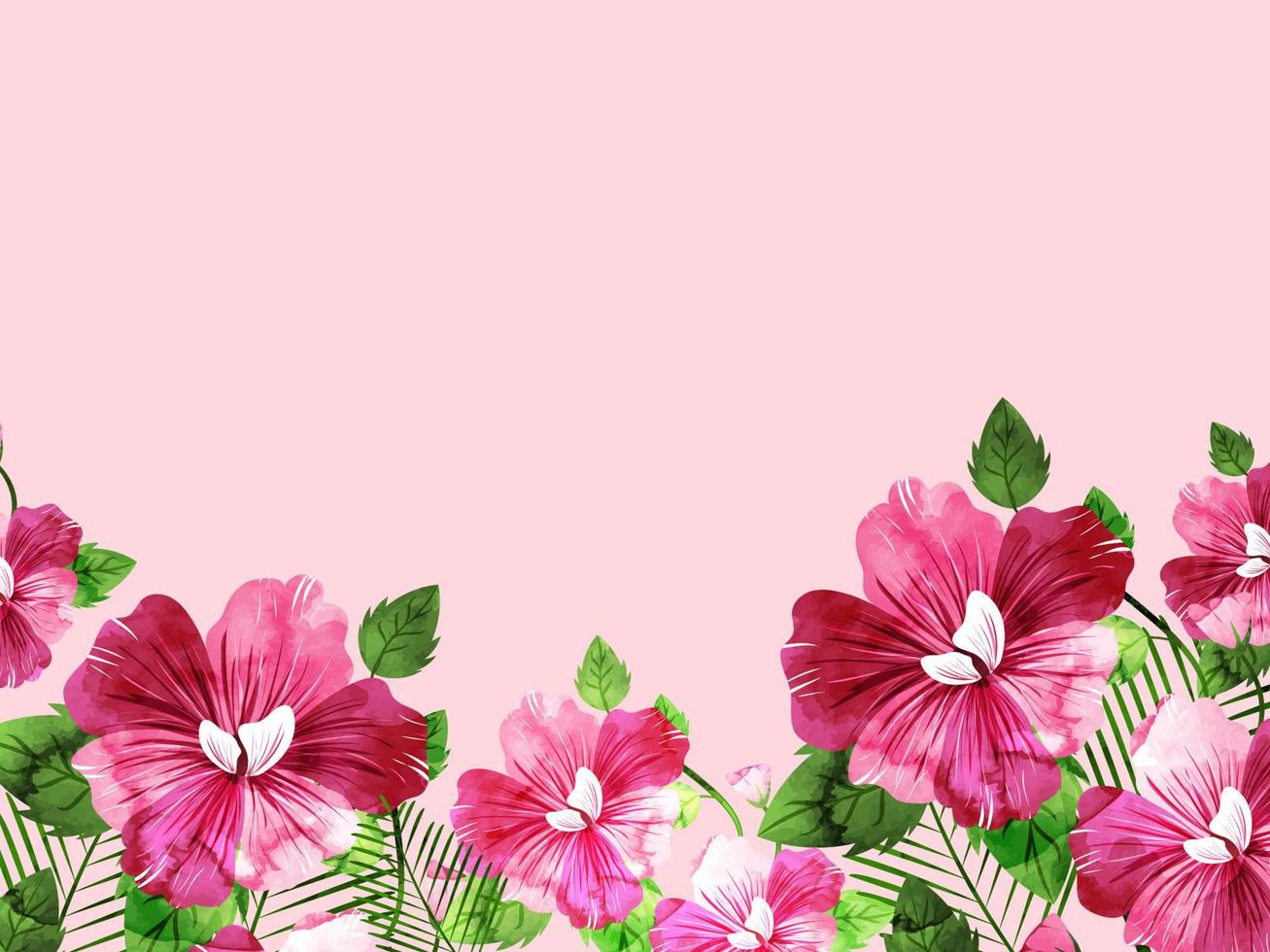 Watercolor Effect Flowers with Leaves Decorated Pastel Pink Background. vector