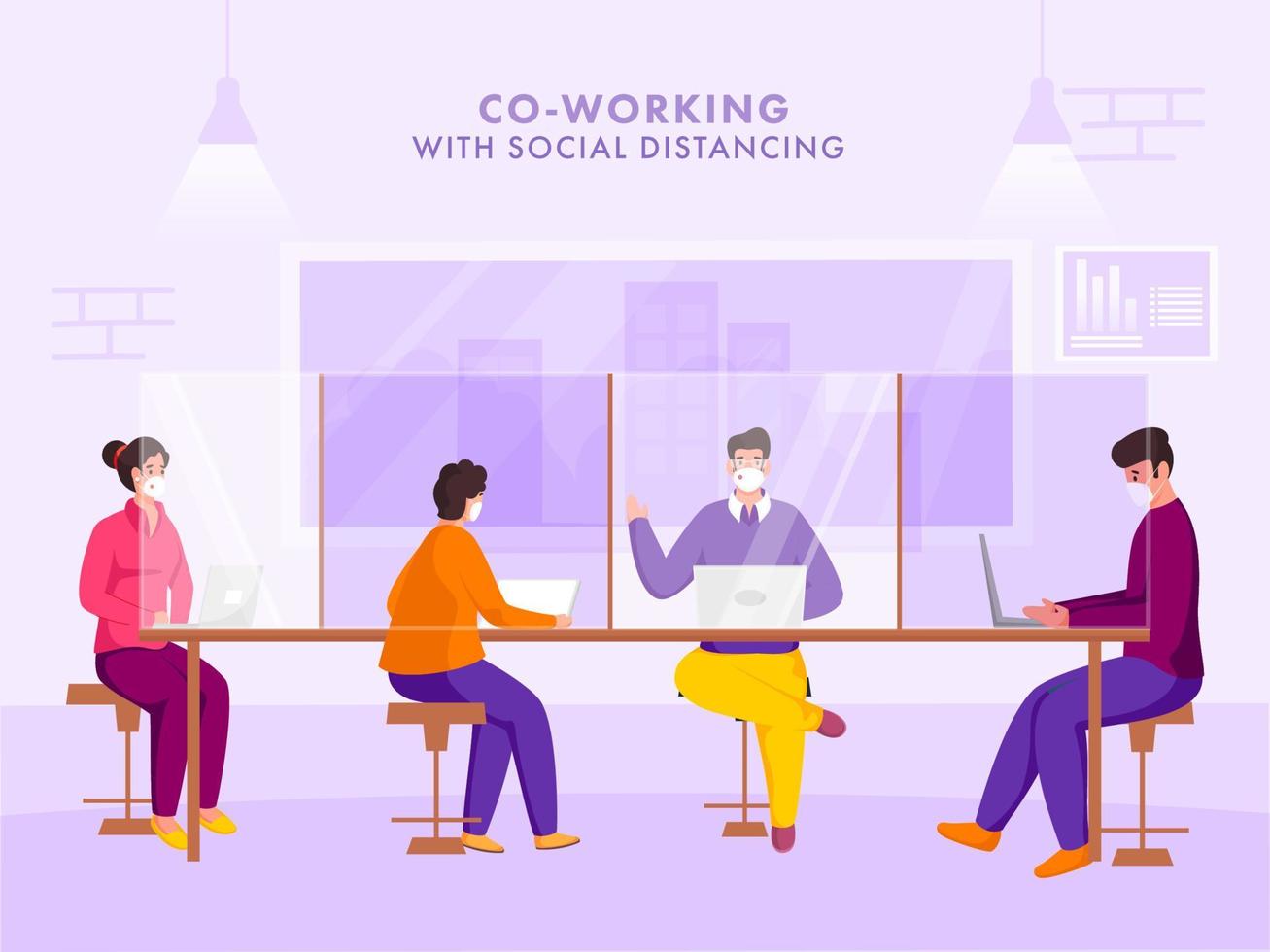Office Employees Wear Protective Mask At Workplace With Maintaining Social Distance To Protect From Spreading Of Coronavirus. vector