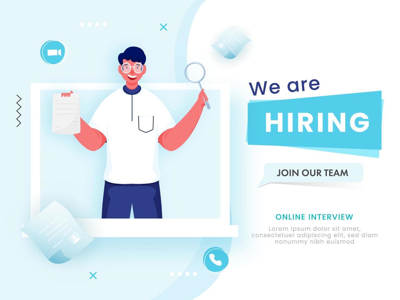 Cartoon Man Searching Candidate From Laptop For We Are Hiring, Join Our Team. vector