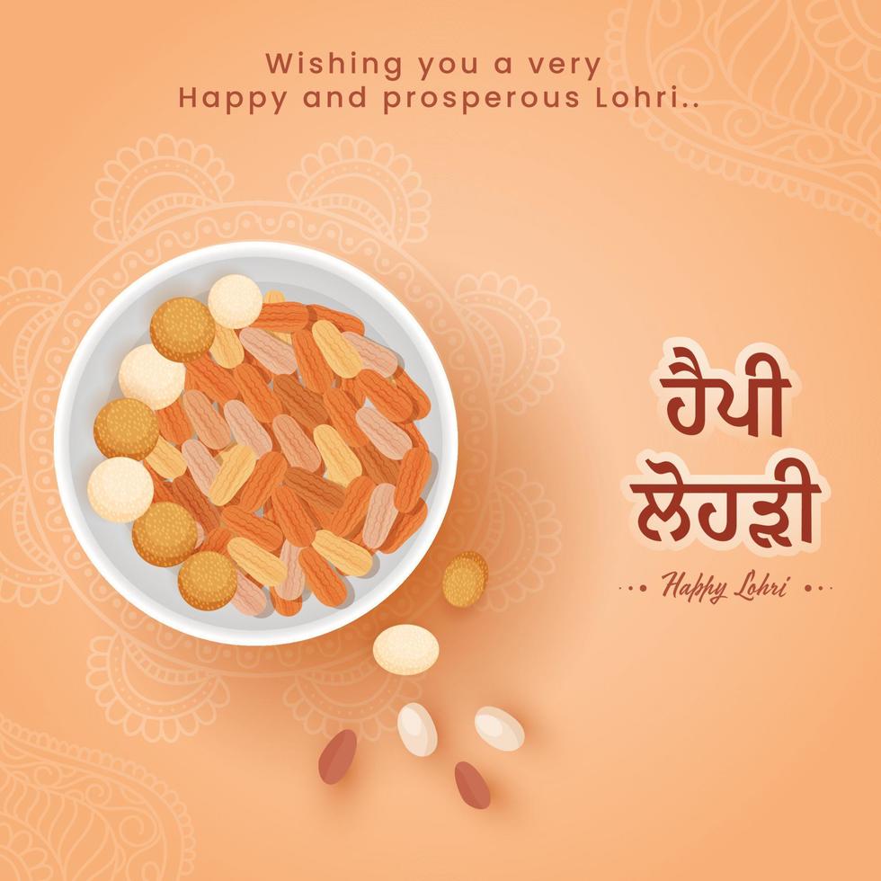 Happy Lohri Wishing Card With Top View Of Various Sweet Bowl On Orange Mandala Pattern Background. vector