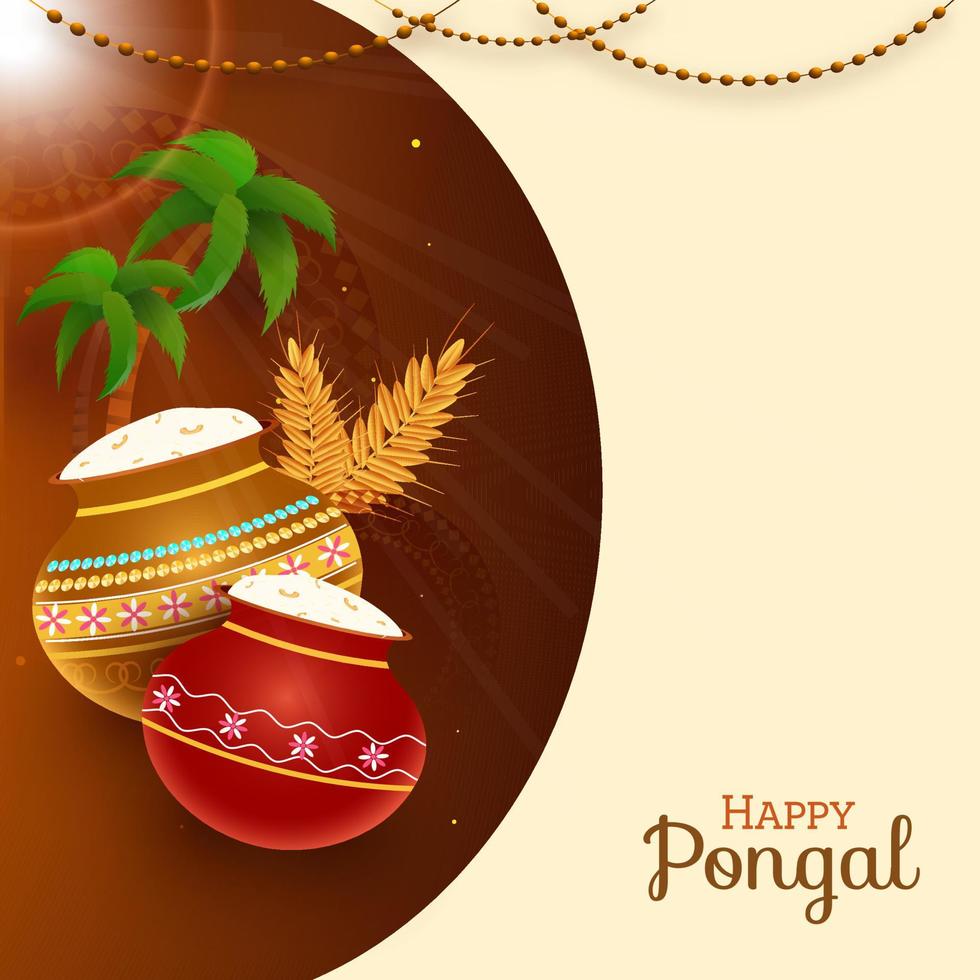 Pongali Rice Mud Pots With Wheat Ears, Palm Trees, Sunshine On Brown Background For Happy Pongal. vector
