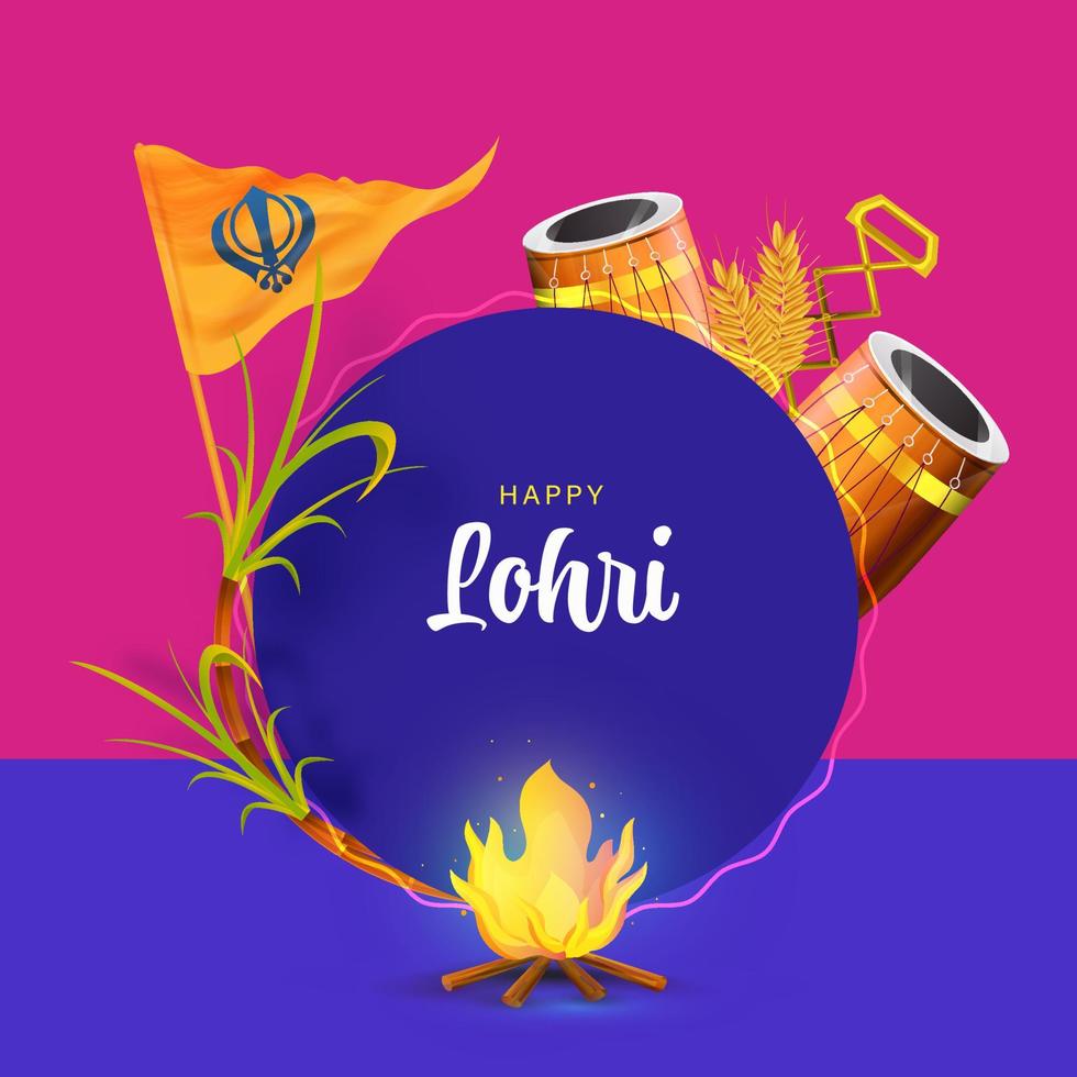 Happy Lohri Celebration Concept With Festival Elements Like As Bonfire, Sugarcane, Music Instrument, Sikh Flag On Blue And Pink Background. vector