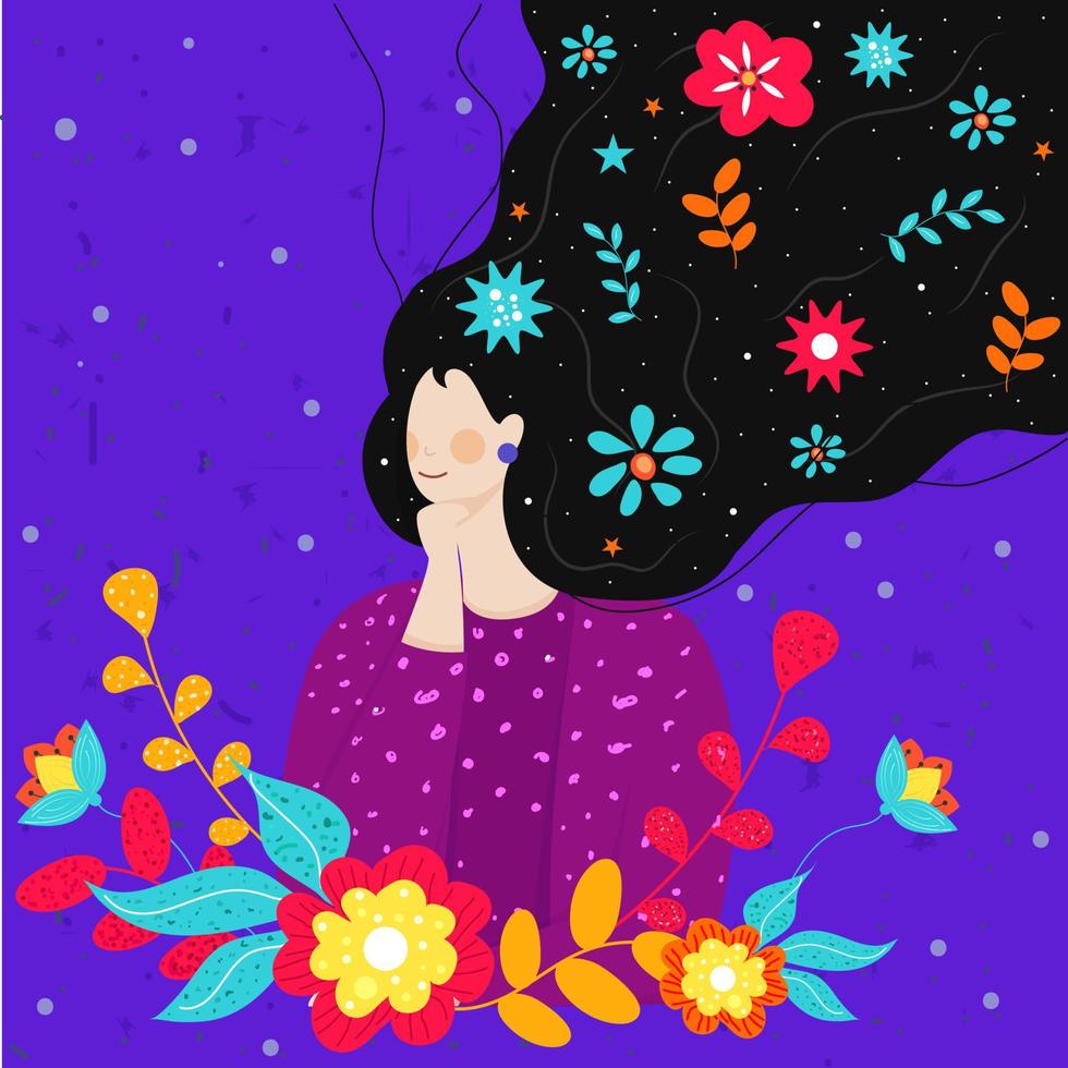 dibujos animados mujer largo pelo fluido con vistoso flores y hojas en púrpura antecedentes. vector