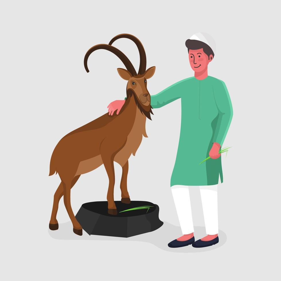 Smiley Muslim Young Boy holding Grass with Brown Goat on Grey Background. vector