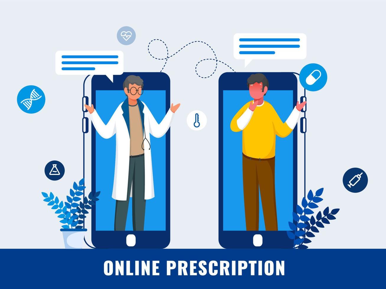 Cartoon Doctor Man And Patient Talking Together From Smartphone On Blue Background For Online Prescription Or Consultation Concept. vector