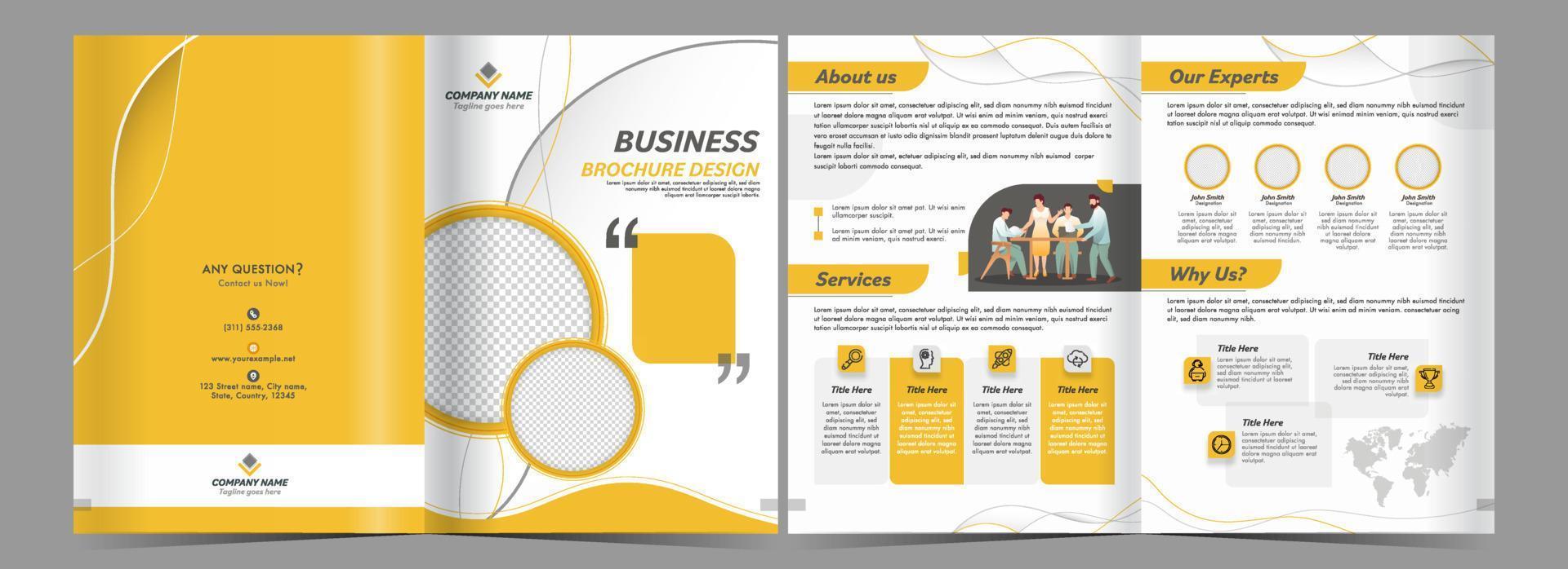 Double-Sides Of Business Bi-Fold Brochure Design In Yellow And White Color. vector