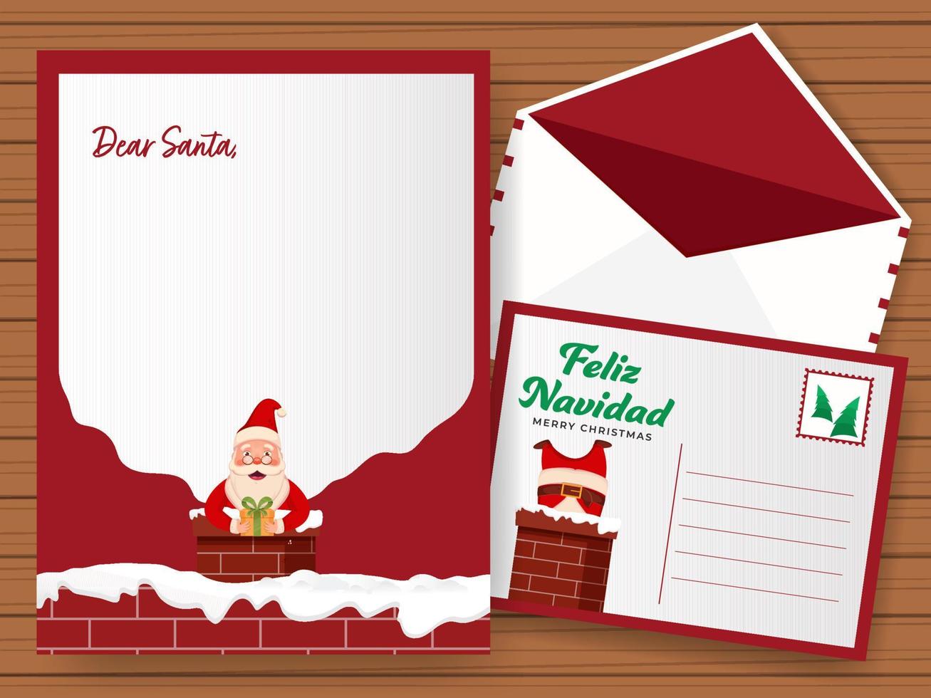 Dear Santa Letter Or Wishing Card With Double-Sides Envelope In Red And White Color. vector