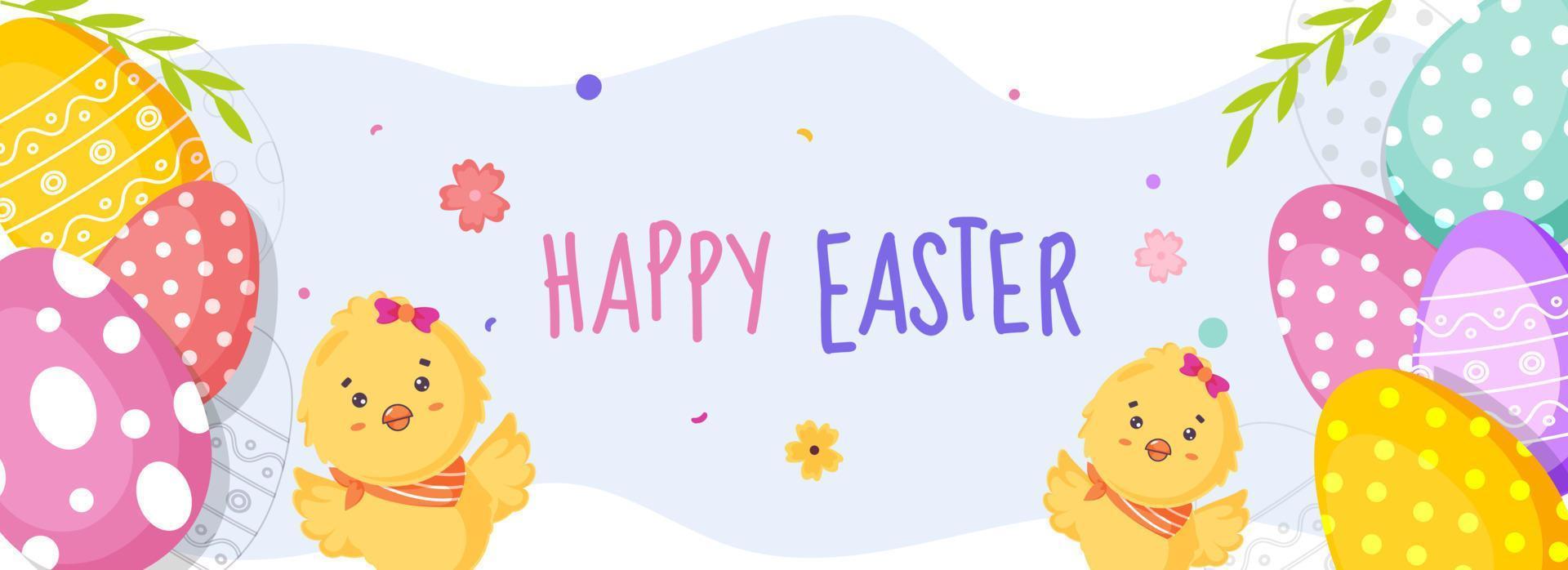 Happy Easter Text with Cartoon Cute Chicks, Flowers, Leaves and Painted Eggs Decorated on White and Light Blue Background. vector