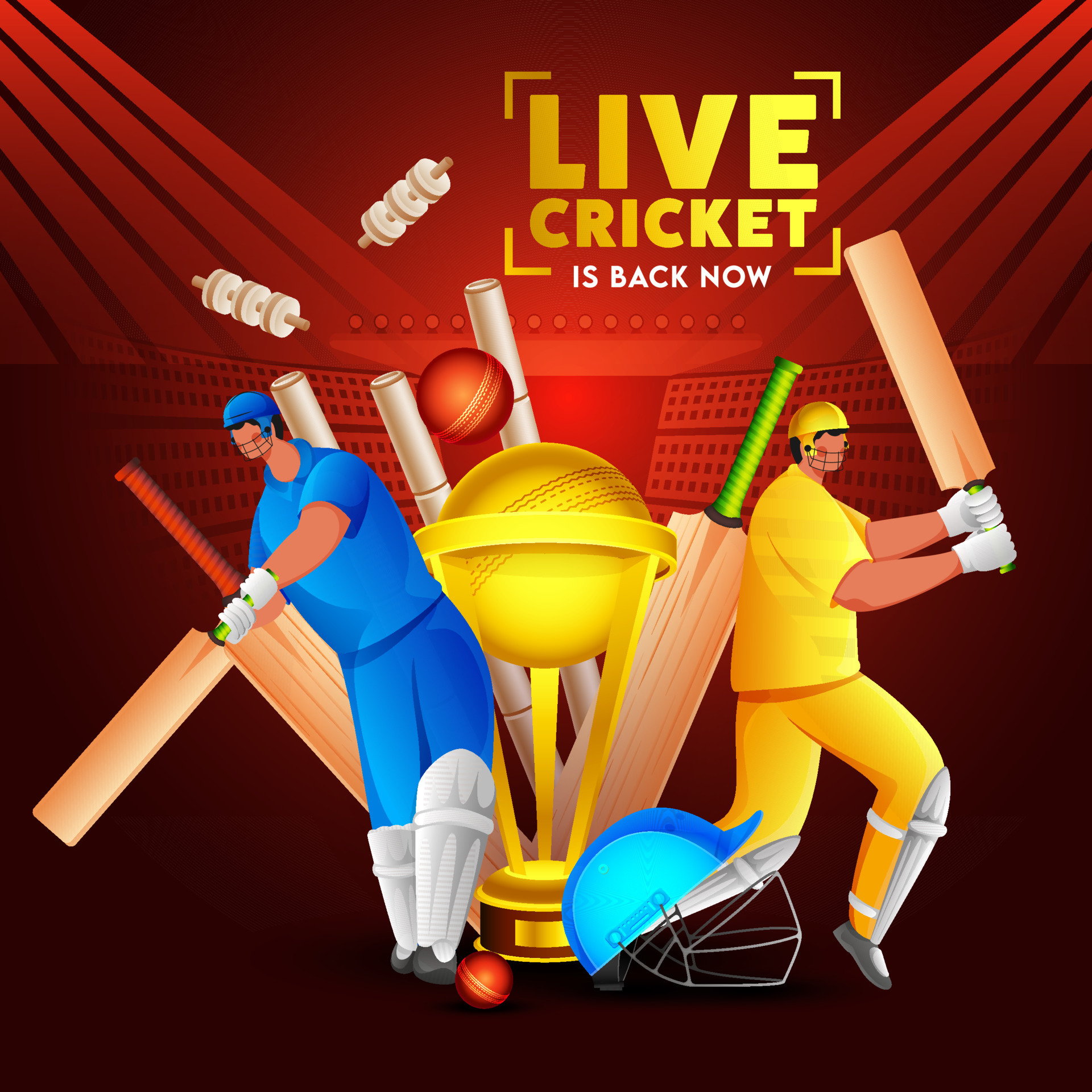 Two Batsman Player in Different Attire with Realistic Cricket Equipment and Golden Trophy Cup on Dark Red Stadium View Background