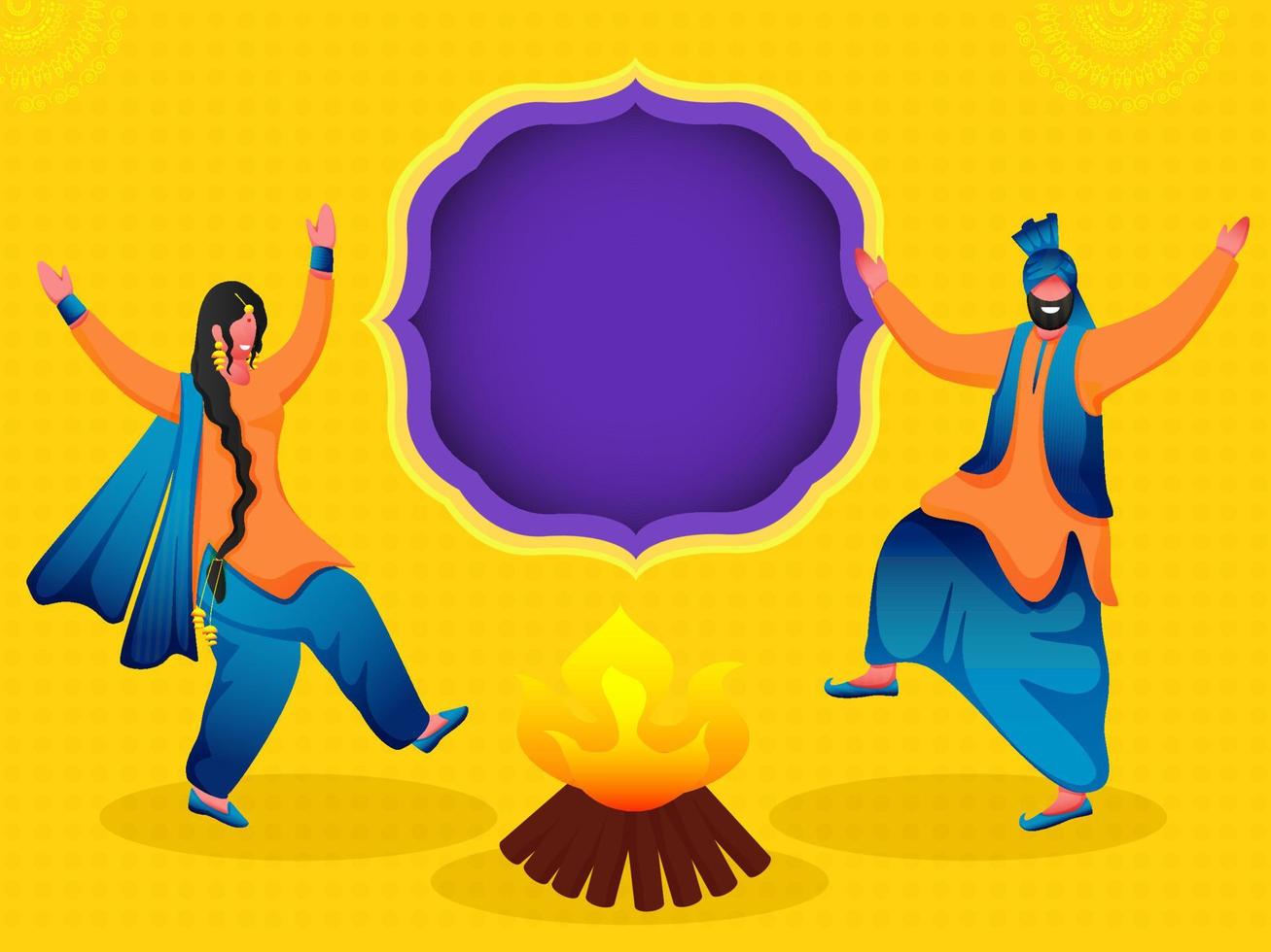 Cartoon Punjabi Couple Performing Bhangra Dance With Bonfire Illustration And Purple Empty Frame On Yellow Background. vector