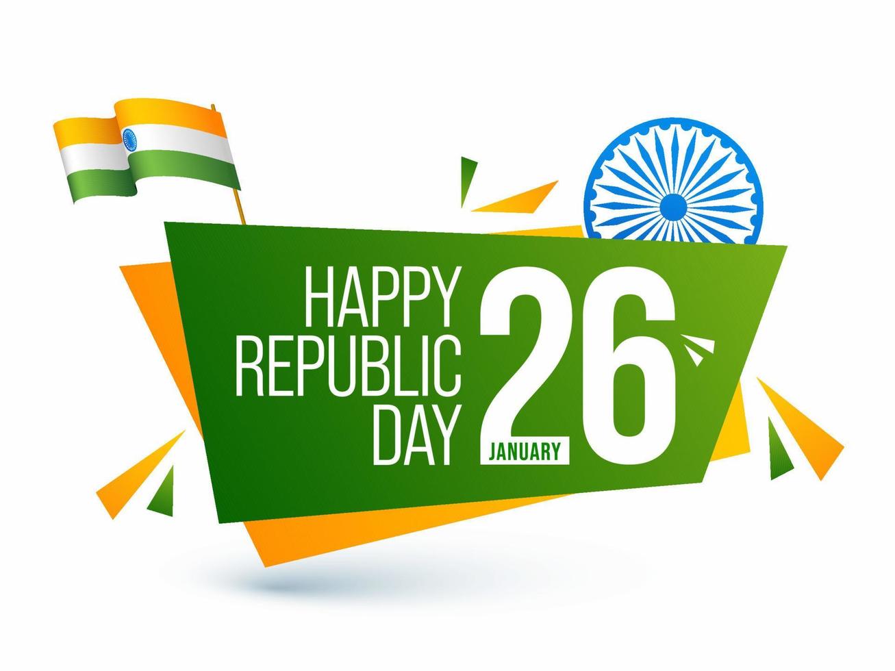 26th January Happy Republic Day Text With Ashoka Wheel And Indian Flag On White Background. vector