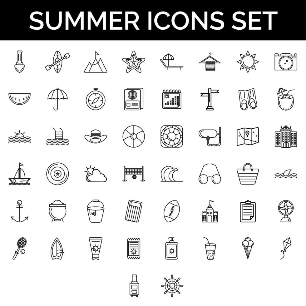 Summer travel icon set in thin line art. vector