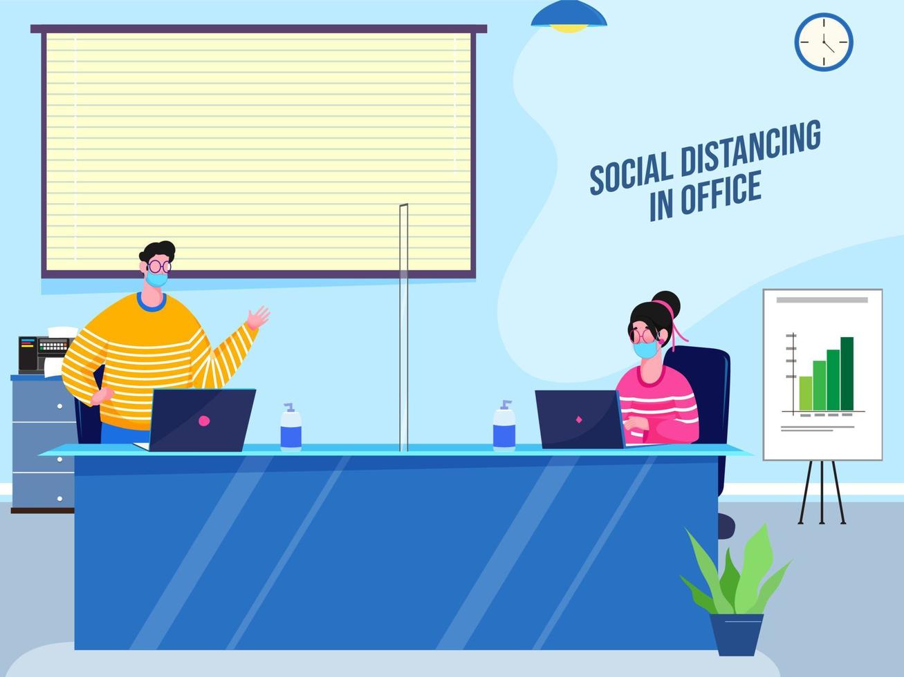 Illustration Of Man And Woman Wear Face Masks Maintaining Social Distance In Office Workplace To Prevent From Corona Virus. vector