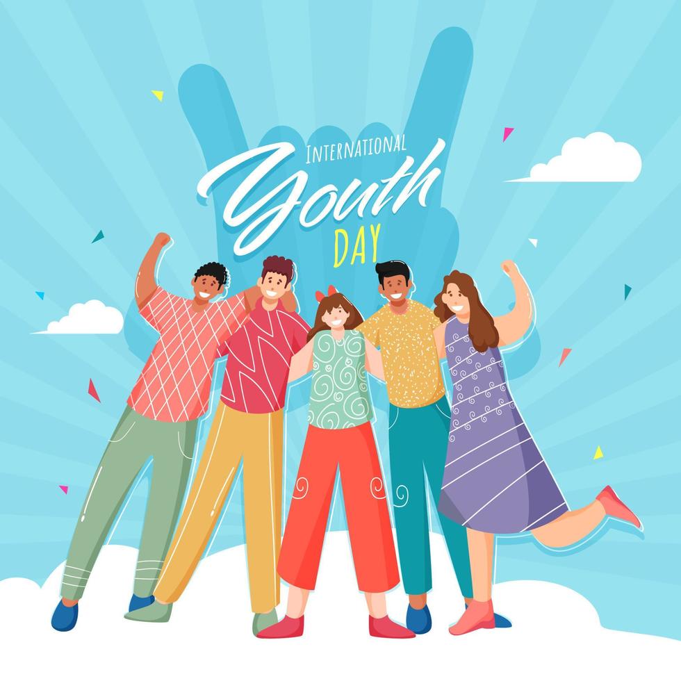 Group of Young Boys and Girls Showing Unity on White and Blue Rays Background for International Youth Day. vector