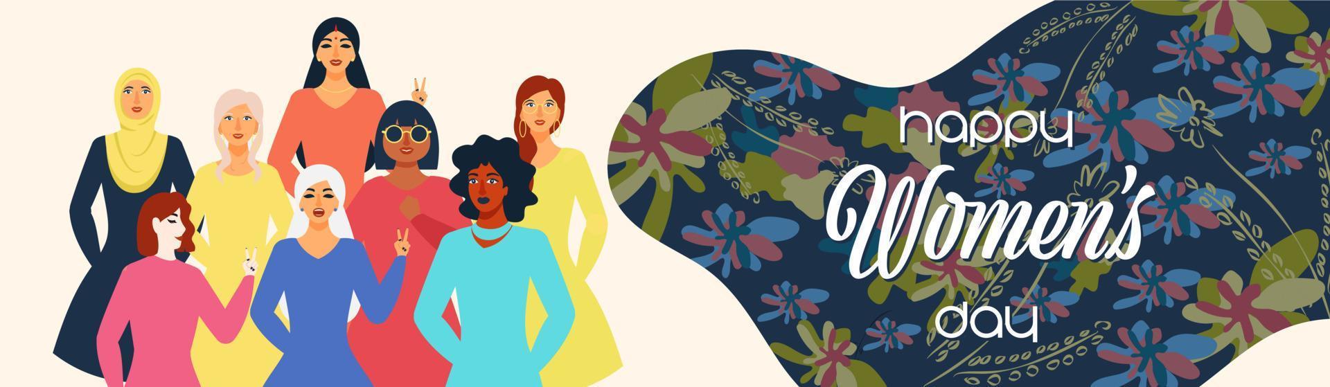 Unity of Different Religion Female on Abstract Nature Background for Happy Women's Day Celebration. vector