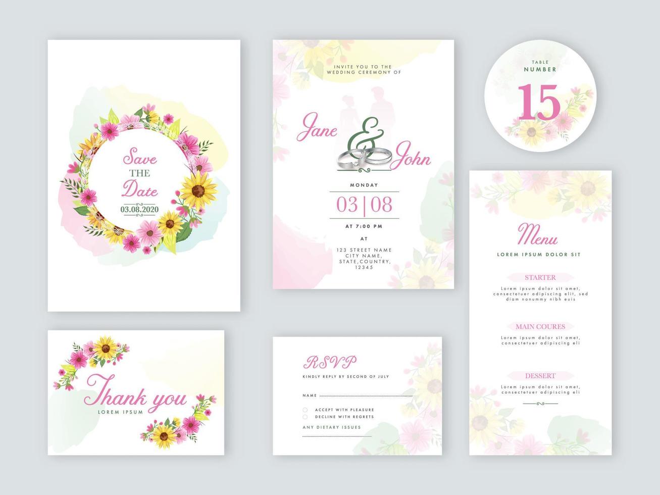 Boda invitación con Pareja anillos, salvar el fecha, menú detalles, mesa número, gracias usted y rsvp tarjeta decorado con floral. vector