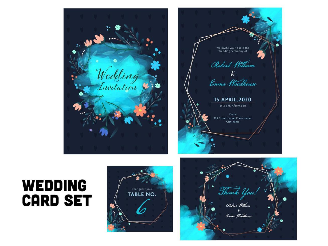 conjunto de Boda invitación tarjeta con azul acuarela efecto y decorativo floral. vector