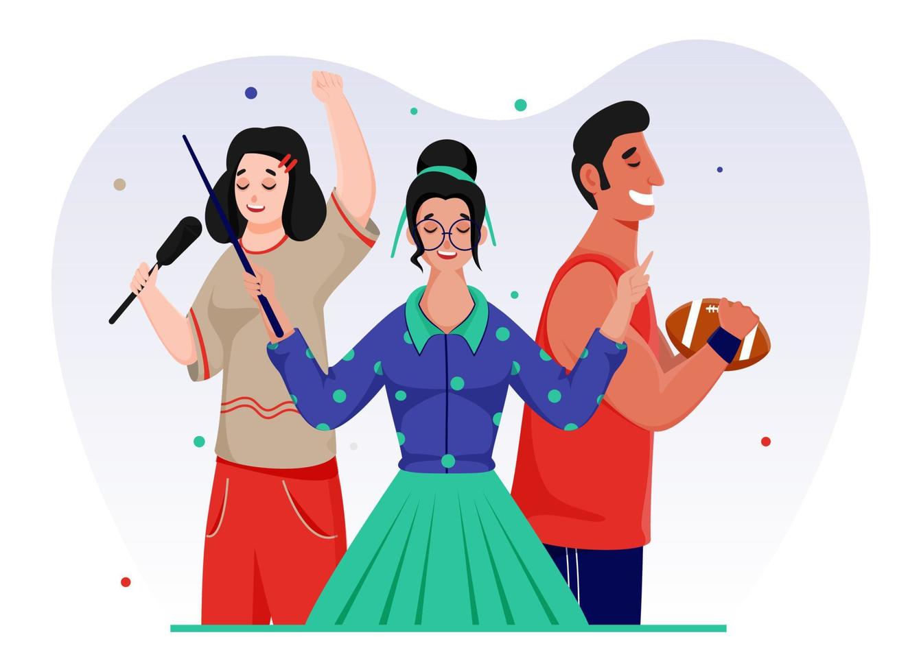 Young Girls Singing a Song and Rugby Player Character on White Background. vector