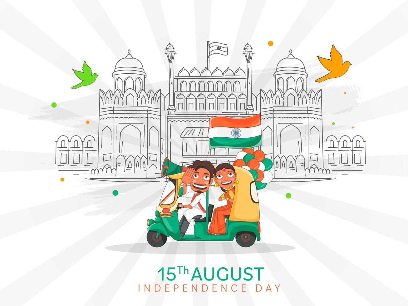 Indian Man Driving Auto with Woman Doing Namaste, Indian Flag, Balloons and Line Art Red Fort Monument on White Rays Background for 15th August Celebration. vector