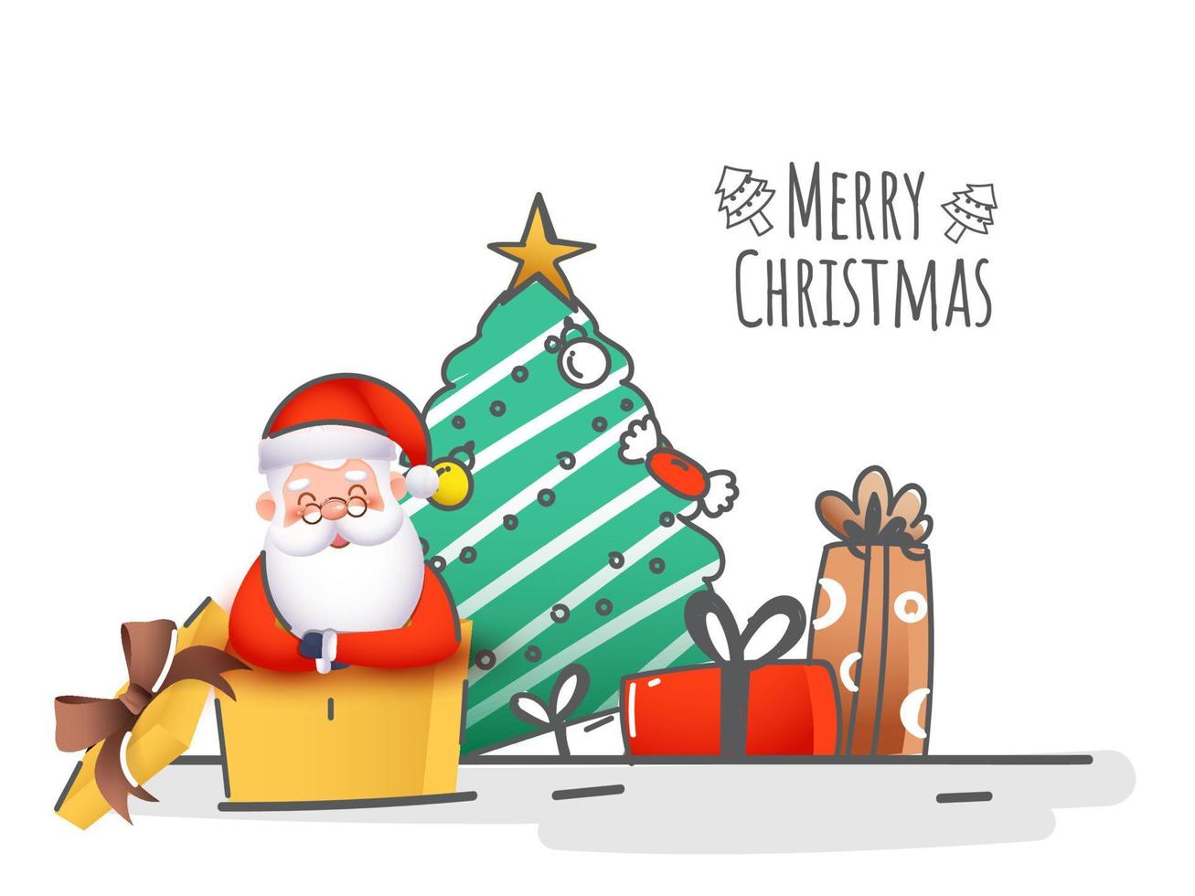 Cartoon Santa Claus Inside Gift Box with Xmas Tree on White Background for Merry Christmas Celebration. vector