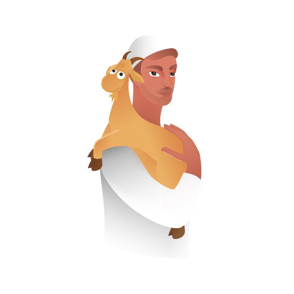 Muslim Man holding a Brown Goat on White Background. vector