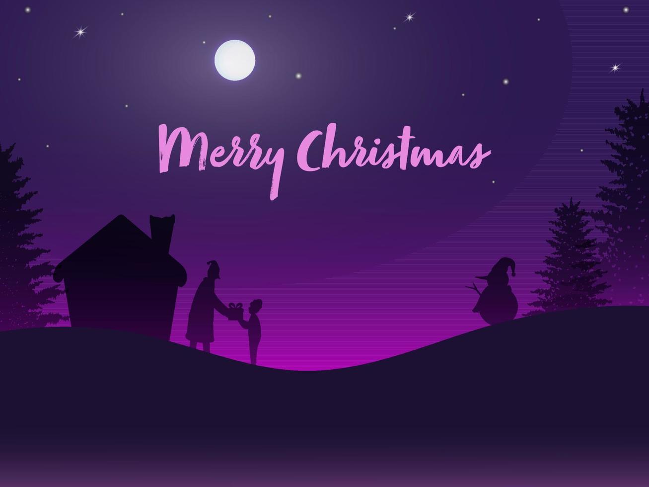 Full Moon Purple Background With Xmas Trees, House, Snowman And Santa Claus Giving Gift To Little Boy For Merry Christmas. vector