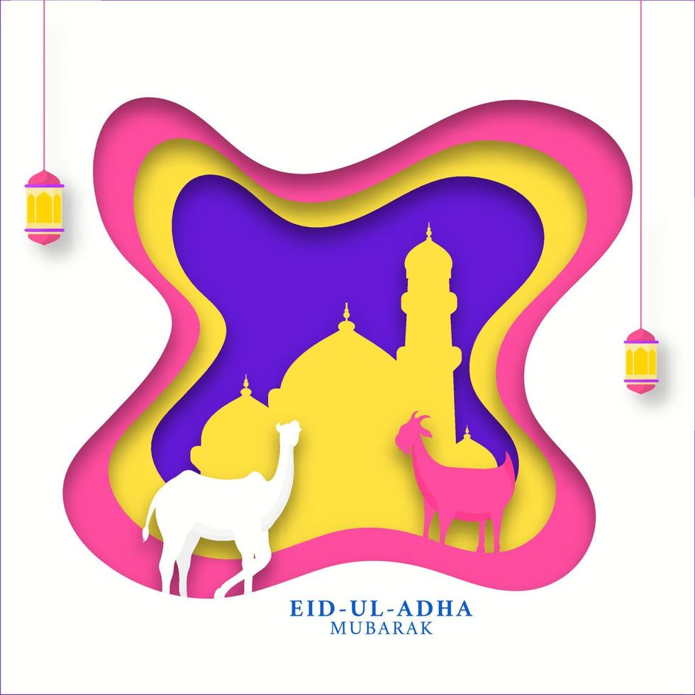 Colorful Paper Layer Cut Background with Mosque, Camel, Goat and Lanterns Hang for Eid-Ul-Adha Mubarak Concept. vector