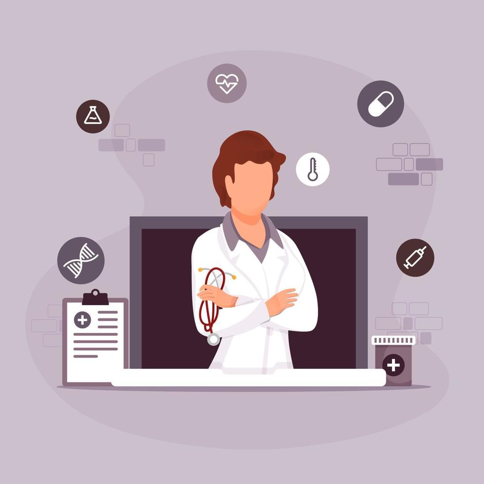 sin rostro mujer médico en ordenador portátil pantalla con médico elementos decorado en pastel púrpura antecedentes. vector
