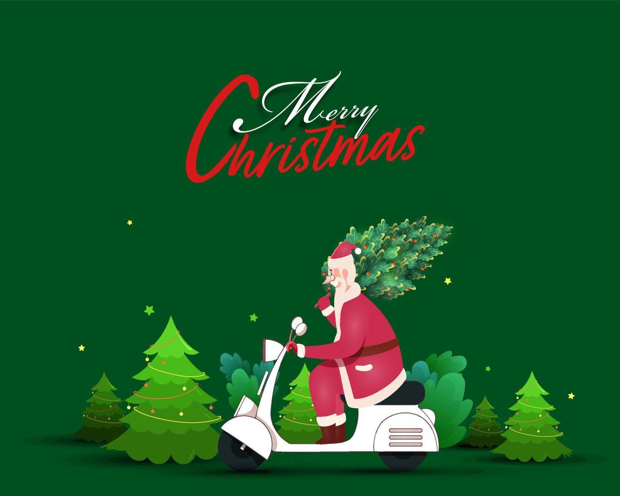 alegre Navidad celebracion póster diseño con alegre Papa Noel montando scooter y Navidad arboles en verde antecedentes. vector