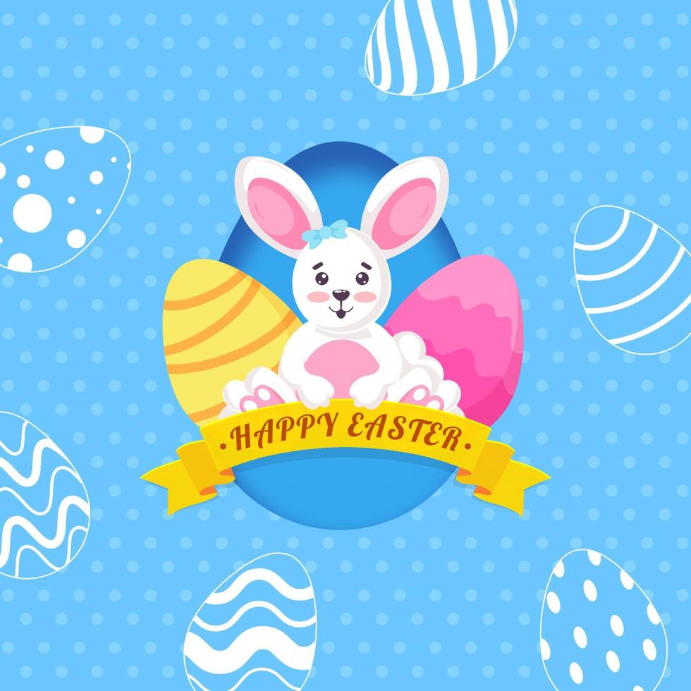 Cute Easter Bunny and Decorative Eggs on Doodle Skyblue Background. vector